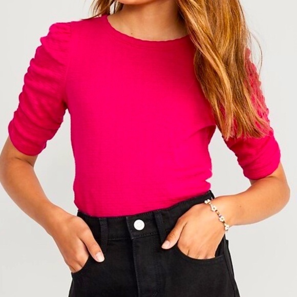 Ruched Puff-Sleeve Textured-Knit Top for Girls  Old Navy Size L - Picture 1 of 7